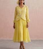 Yellow embroidered chanderi dress with jacket