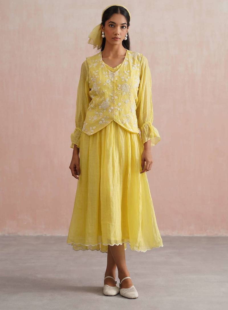 Yellow embroidered chanderi dress with jacket