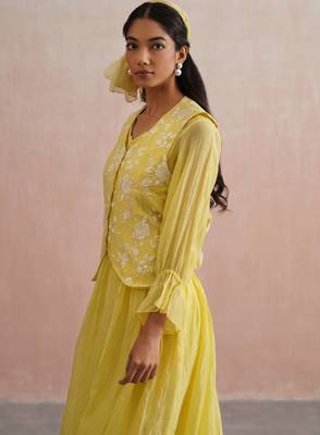 Yellow embroidered chanderi dress with jacket 2