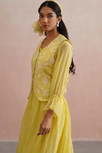 Yellow embroidered chanderi dress with jacket