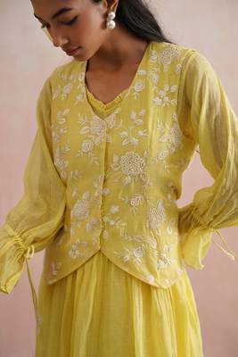 Yellow embroidered chanderi dress with jacket 3
