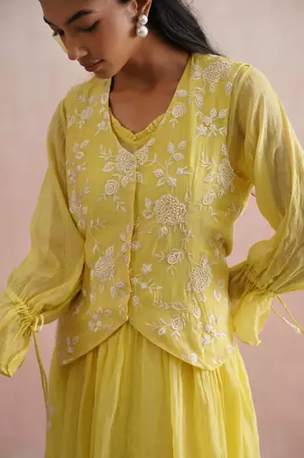 Yellow embroidered chanderi dress with jacket