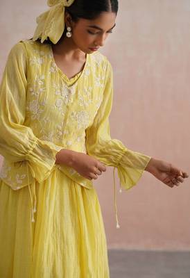 Yellow embroidered chanderi dress with jacket 4