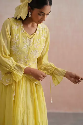 Yellow embroidered chanderi dress with jacket