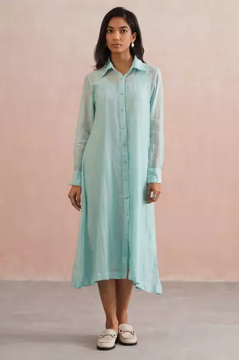 Blue embroidered chanderi dress