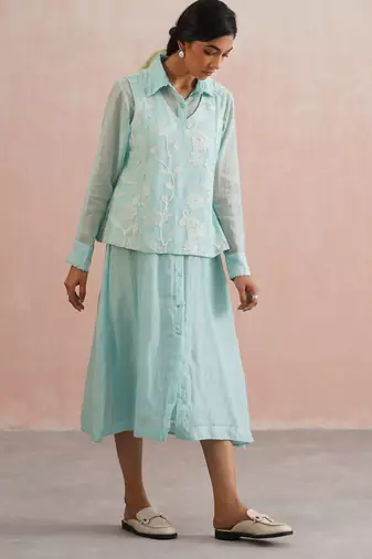 Blue embroidered chanderi dress