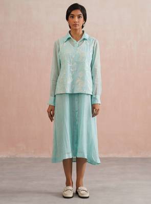 Blue embroidered chanderi dress 4