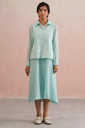 Blue embroidered chanderi dress