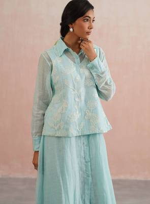 Blue embroidered chanderi dress 5