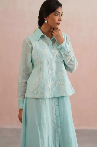 Blue embroidered chanderi dress