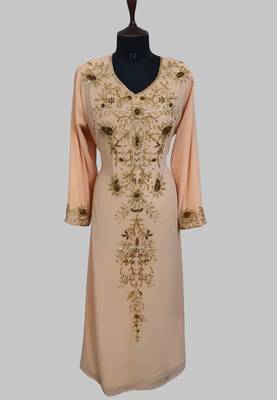 Elegant beige georgette kaftan gown with golden zari work With hijab. 1