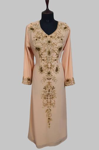Elegant beige georgette kaftan gown with golden zari work With hijab.