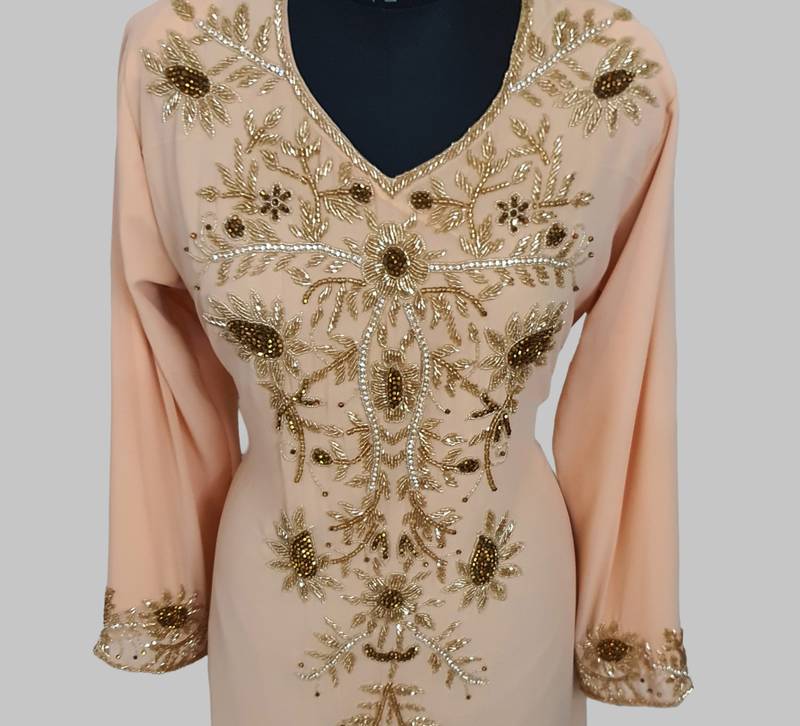 Elegant beige georgette kaftan gown with golden zari work With hijab.