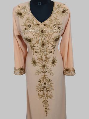 Elegant beige georgette kaftan gown with golden zari work With hijab. 3