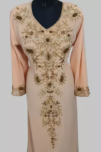 Elegant beige georgette kaftan gown with golden zari work With hijab.
