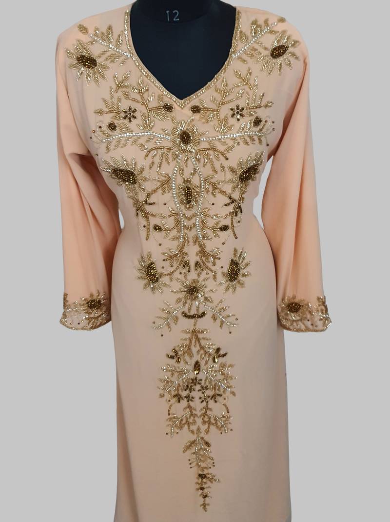 Elegant beige georgette kaftan gown with golden zari work With hijab.