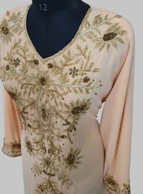 Elegant beige georgette kaftan gown with golden zari work With hijab. 4