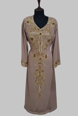 Elegant Chiku georgette kaftan gown with golden zari work With hijab. 1