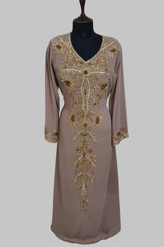 Elegant Chiku georgette kaftan gown with golden zari work With hijab.