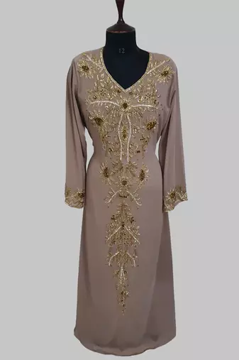 Elegant Chiku georgette kaftan gown with golden zari work With hijab.
