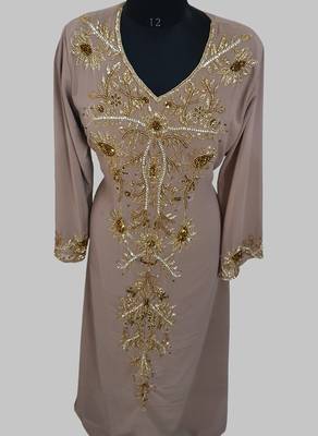 Elegant Chiku georgette kaftan gown with golden zari work With hijab. 3