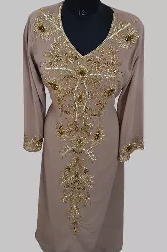 Elegant Chiku georgette kaftan gown with golden zari work With hijab.