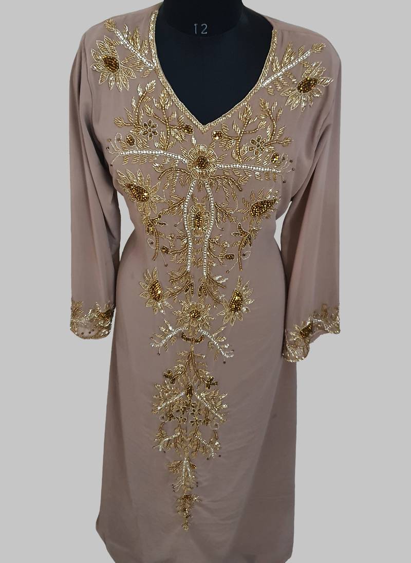 Elegant Chiku georgette kaftan gown with golden zari work With hijab.