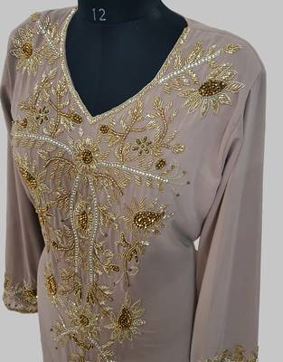 Elegant Chiku georgette kaftan gown with golden zari work With hijab. 4