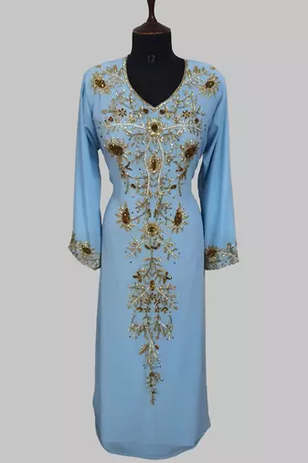 Elegant Cyan Blue georgette kaftan gown with golden zari work With hijab.