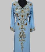 Elegant Cyan Blue georgette kaftan gown with golden zari work With hijab.