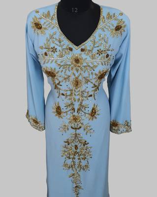 Elegant Cyan Blue georgette kaftan gown with golden zari work With hijab. 2