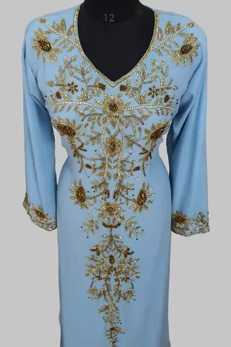 Elegant Cyan Blue georgette kaftan gown with golden zari work With hijab.
