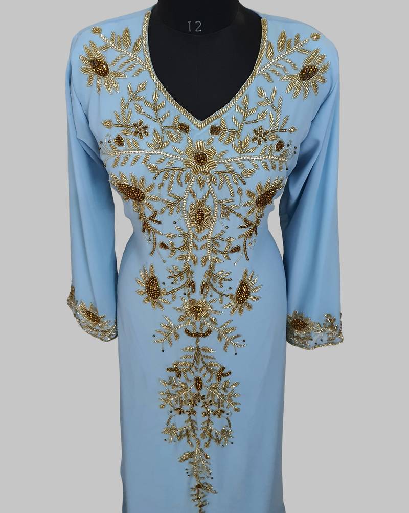 Elegant Cyan Blue georgette kaftan gown with golden zari work With hijab.