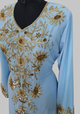 Elegant Cyan Blue georgette kaftan gown with golden zari work With hijab. 3