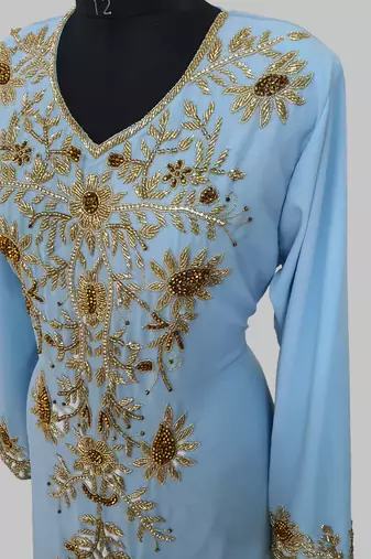 Elegant Cyan Blue georgette kaftan gown with golden zari work With hijab.