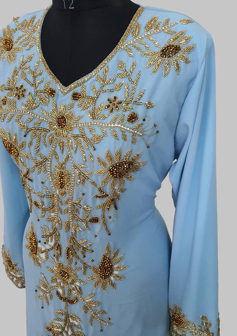 Elegant Cyan Blue georgette kaftan gown with golden zari work With hijab.
