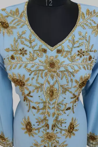 Elegant Cyan Blue georgette kaftan gown with golden zari work With hijab.