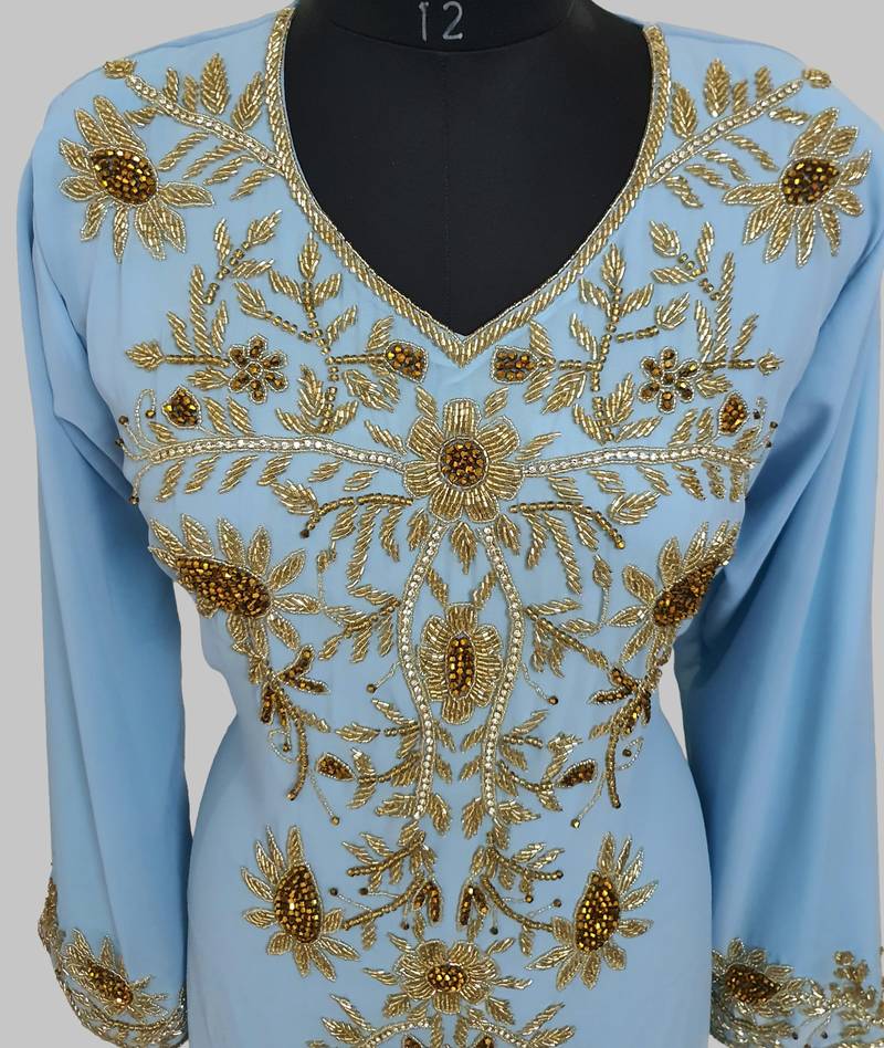 Elegant Cyan Blue georgette kaftan gown with golden zari work With hijab.