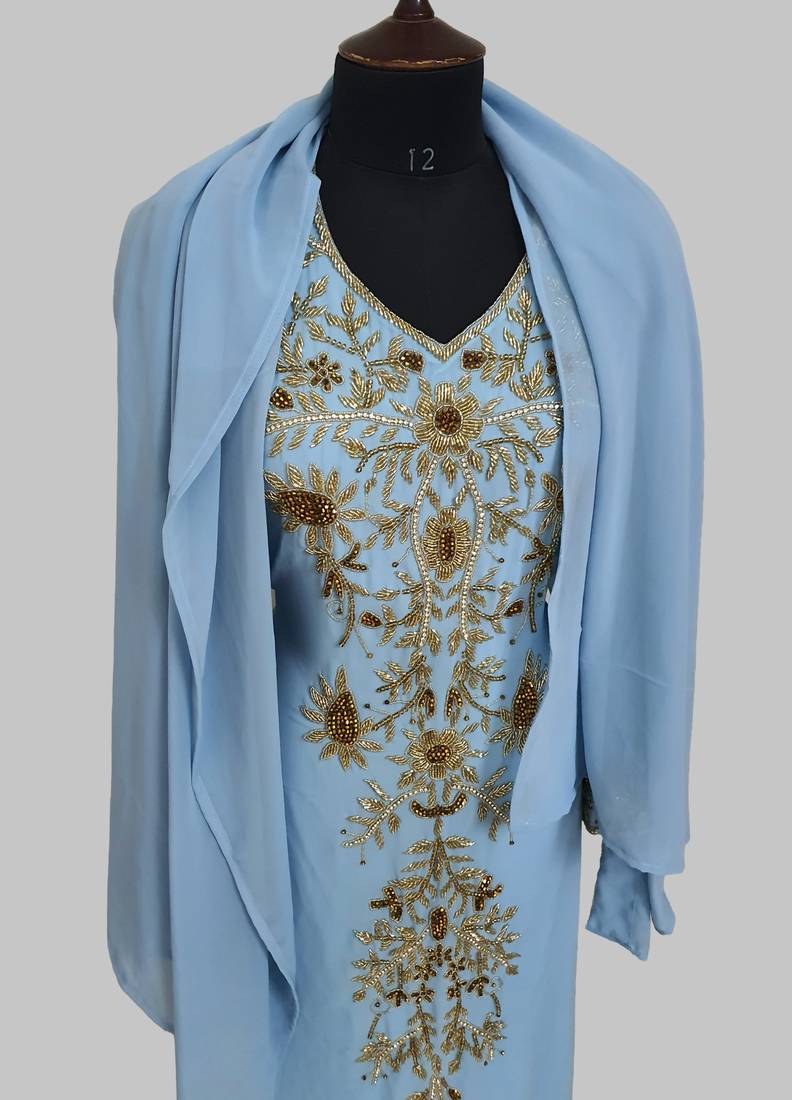 Elegant Cyan Blue georgette kaftan gown with golden zari work With hijab.