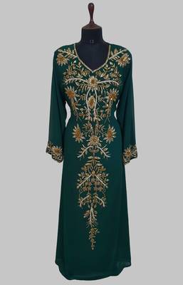 Elegant Dark Green georgette kaftan gown with golden zari work With hijab. 1