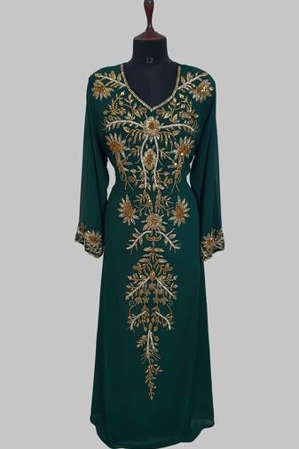 Elegant Dark Green georgette kaftan gown with golden zari work With hijab.