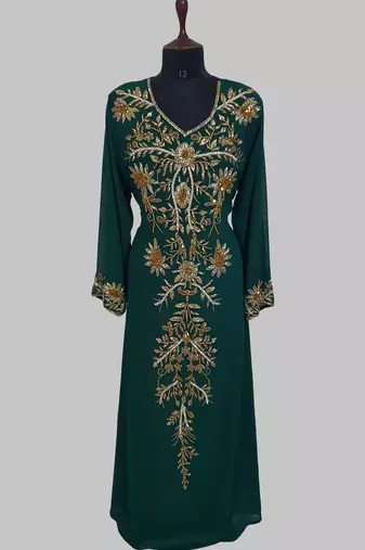 Elegant Dark Green georgette kaftan gown with golden zari work With hijab.