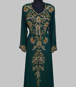 Elegant Dark Green georgette kaftan gown with golden zari work With hijab.
