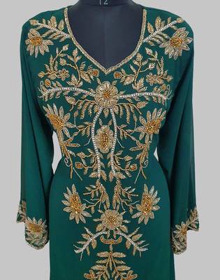 Elegant Dark Green georgette kaftan gown with golden zari work With hijab. 2