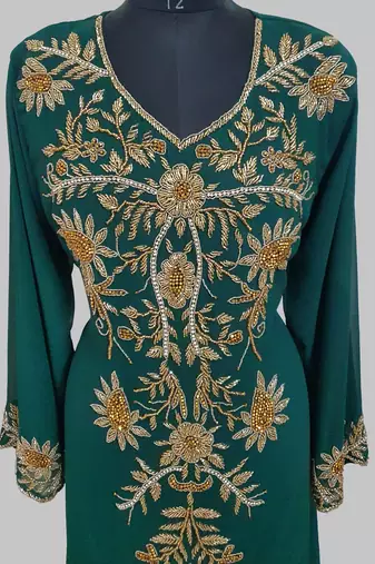 Elegant Dark Green georgette kaftan gown with golden zari work With hijab.