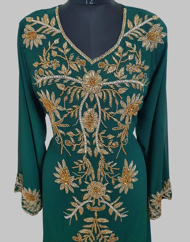 Elegant Dark Green georgette kaftan gown with golden zari work With hijab.