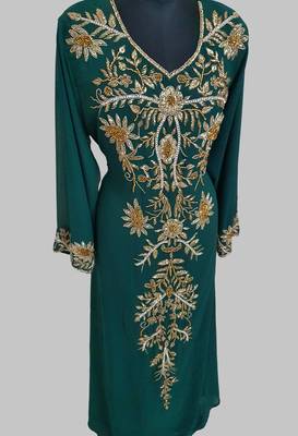 Elegant Dark Green georgette kaftan gown with golden zari work With hijab. 3