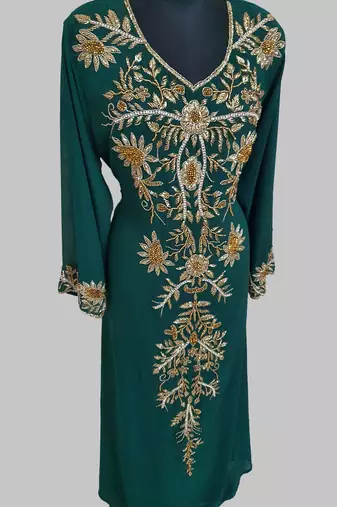 Elegant Dark Green georgette kaftan gown with golden zari work With hijab.