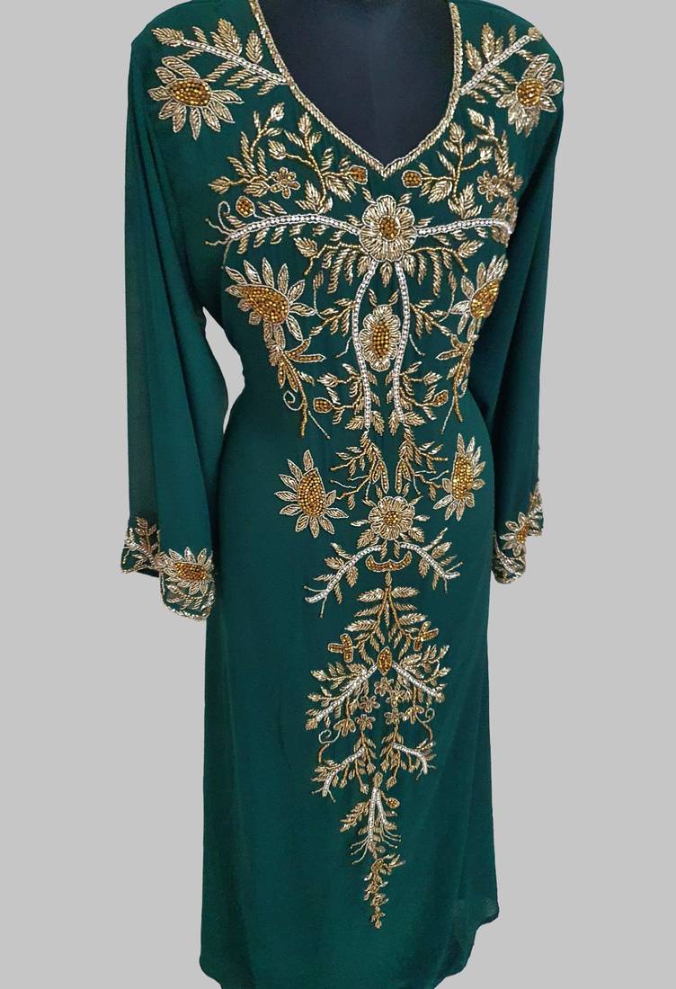 Elegant Dark Green georgette kaftan gown with golden zari work With hijab.