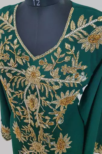 Elegant Dark Green georgette kaftan gown with golden zari work With hijab.